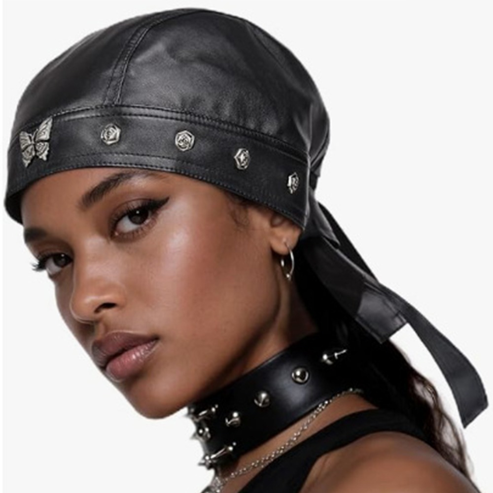 Bandana Doo Rag - جديد بولي Leather جلد أسود قبعة